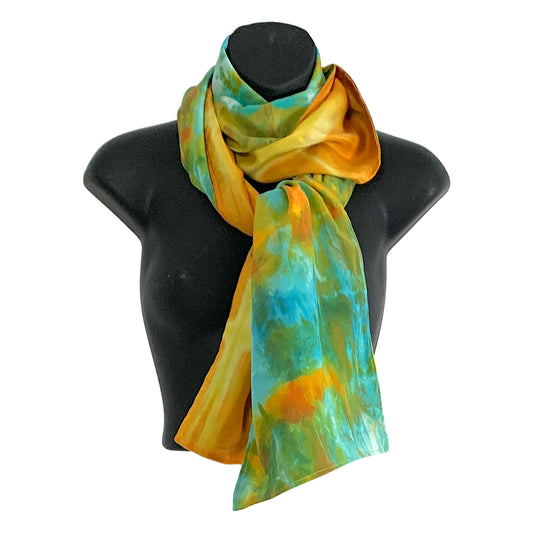 Green and Orange Print silk scarf: orange contrast
