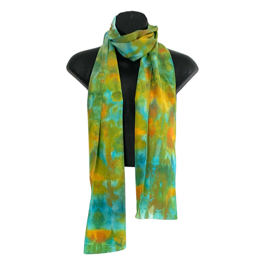 Green and Orange Print silk scarf: Narrow