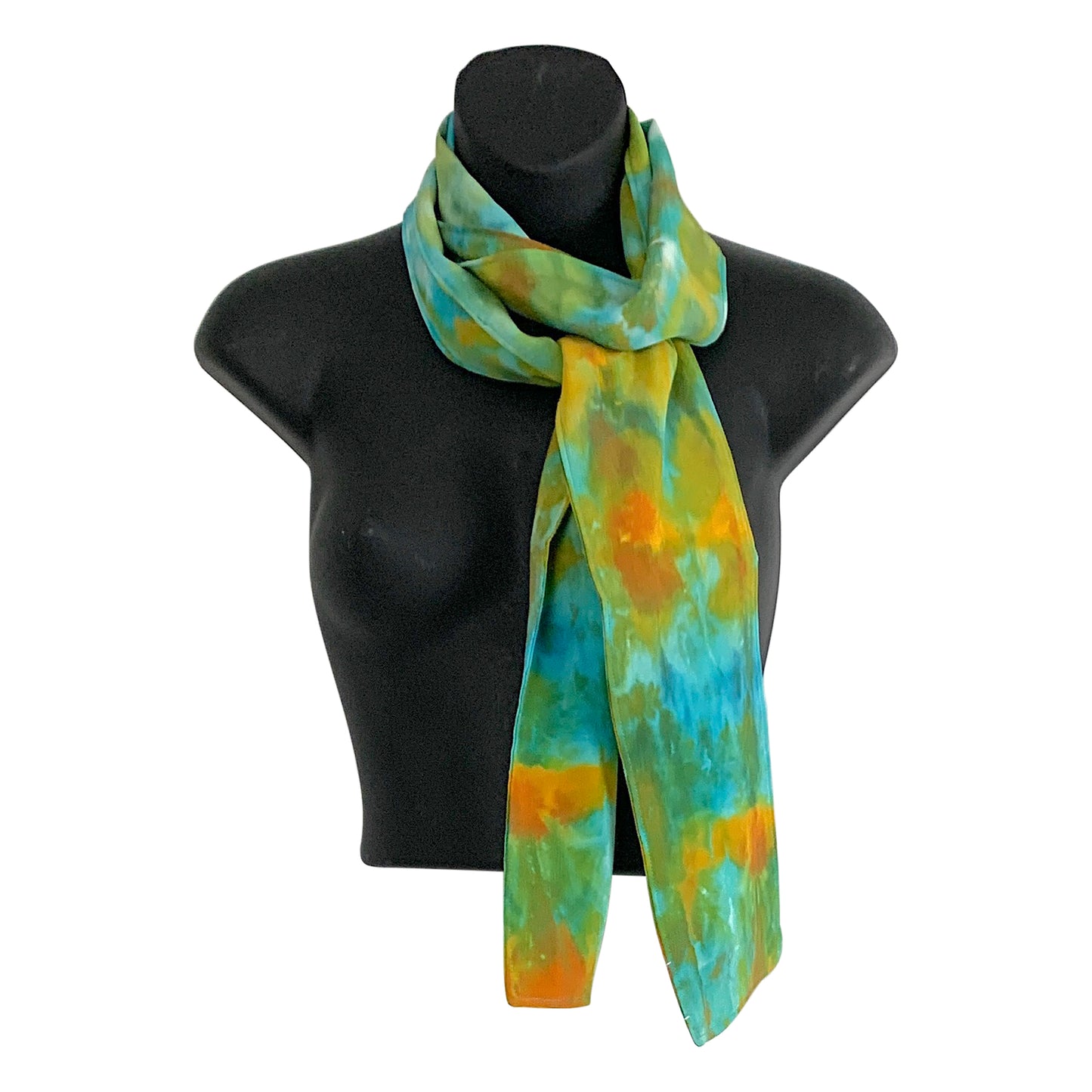 Green and Orange Print silk scarf: Narrow